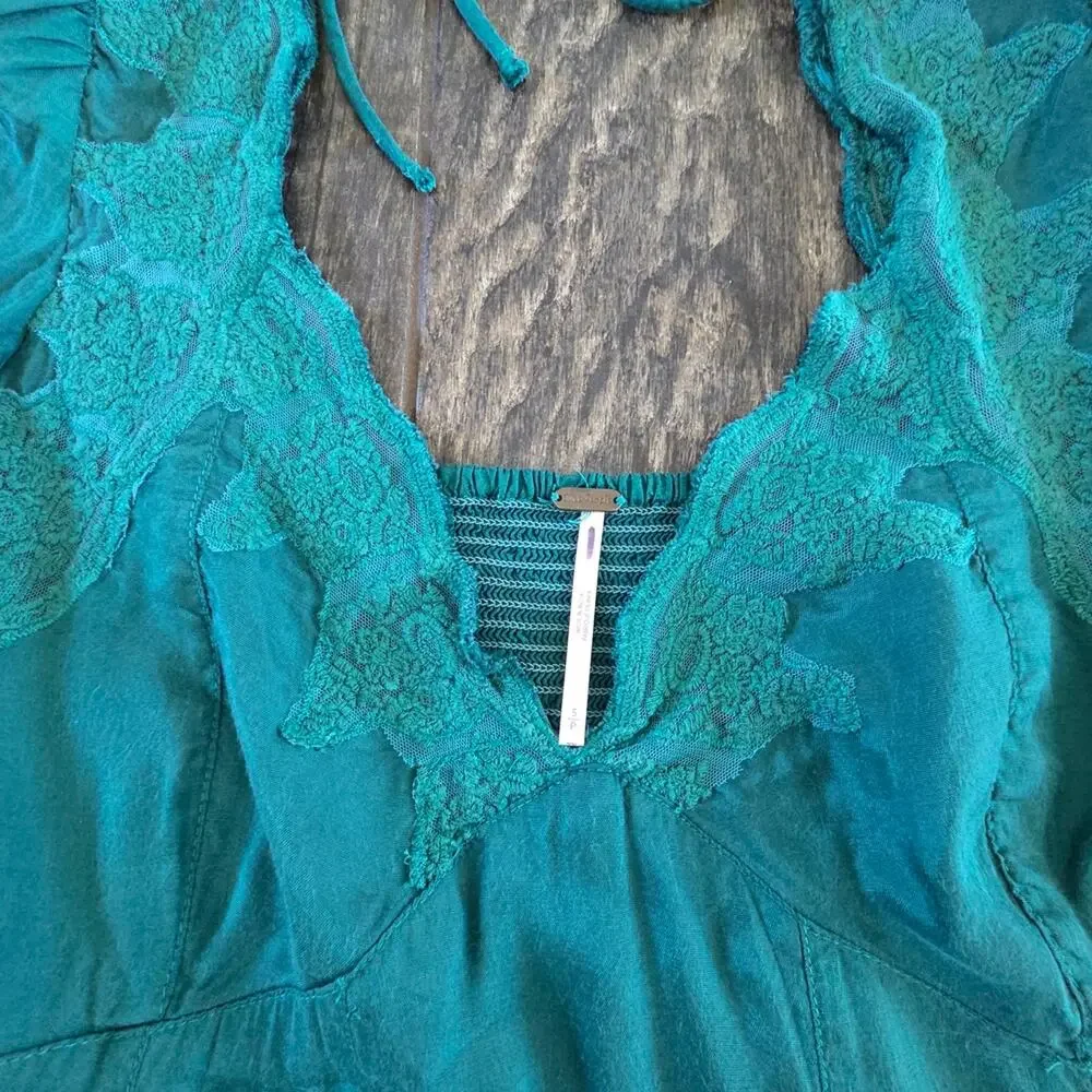 #498 Free People Teal Knit Top with Lace Detail